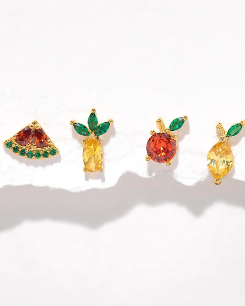 Front of a size O/S Tropical Fruit Basket Stud Earrings Set in Gold in Gold by Girls Crew. | dia_product_style_image_id:331231